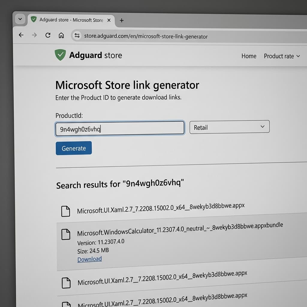 Adguard Store Generator interface showing the HEVC extension download link