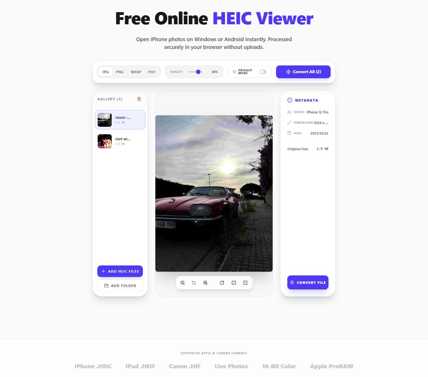 OpenHEIC browser-based viewer displaying a photo instantly without software installation