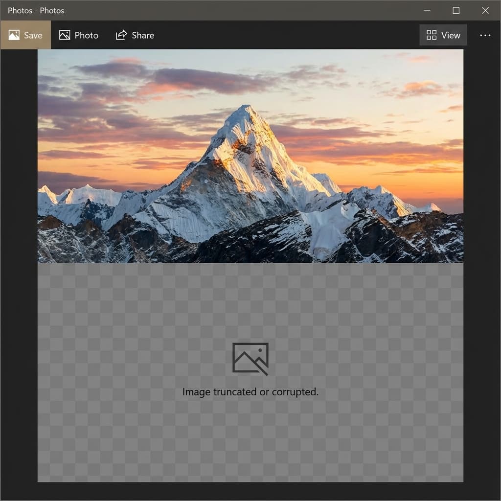 Example of a corrupted photo with a grey box covering the bottom half