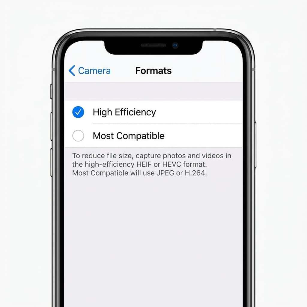 iOS Camera Settings showing 'Most Compatible' checked instead of 'High Efficiency'